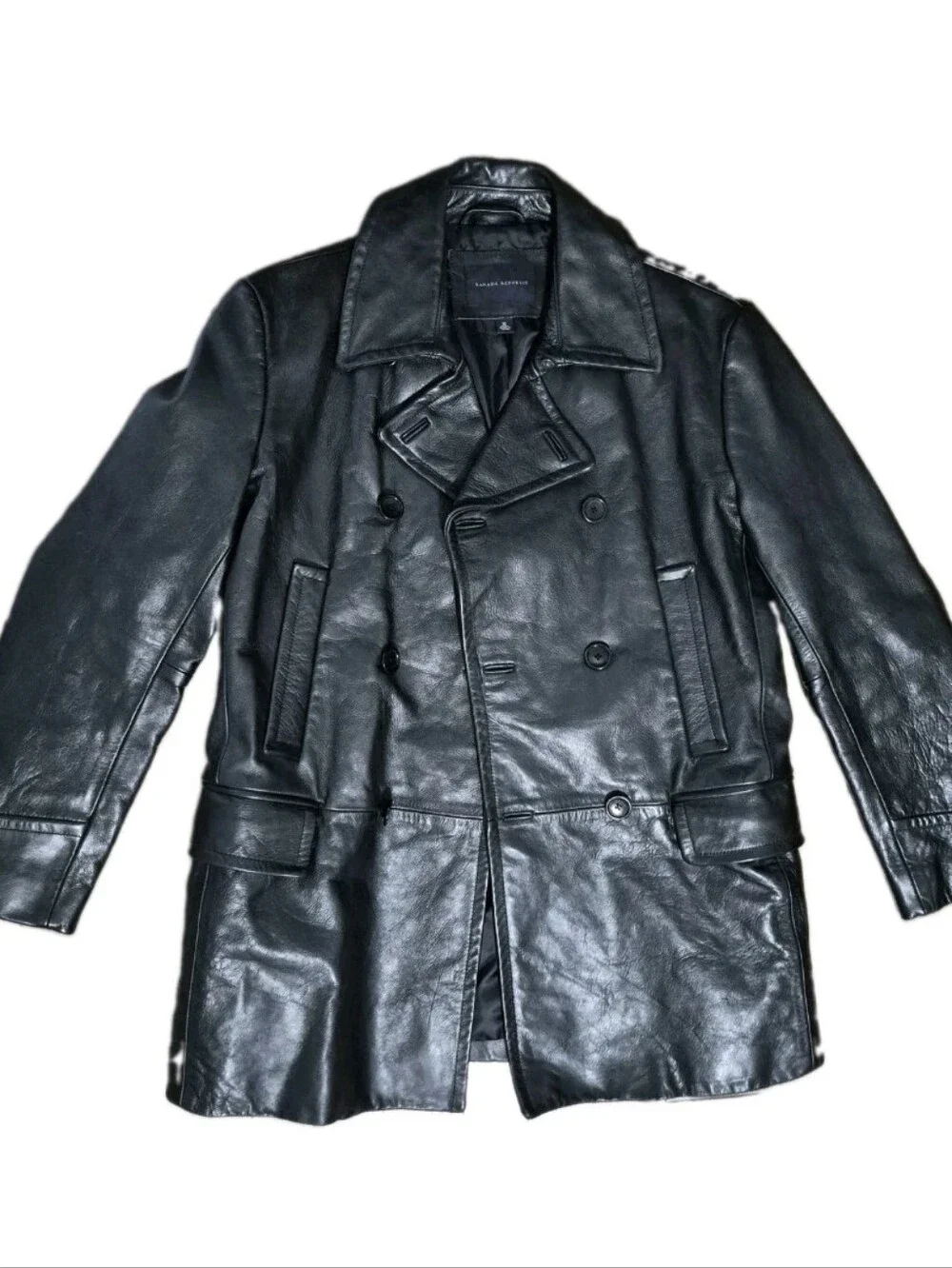 Banana Republic Men's Double-Breasted Leather Pea Coat in Black Size M.